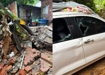 Muro cede após chuva e deixa carro danificado em Cruzeiro do Sul